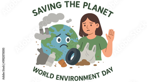 Earth illustration with sad face and pollution on World Environment Day