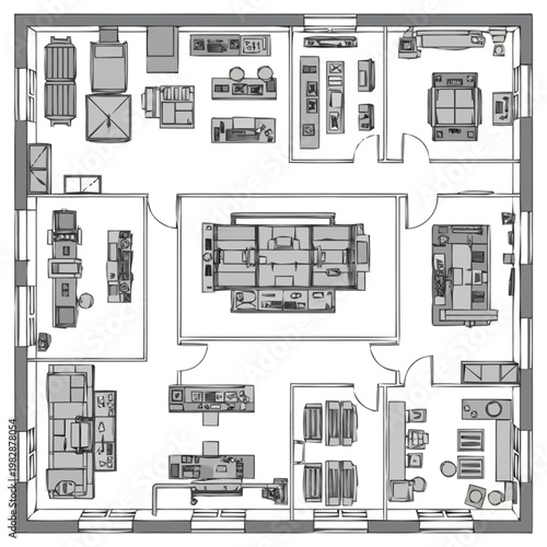 Detailed architectural floor plan rendering showcasing a multi room layout with furniture and fixtures accurately depicted for interior design planning and real estate visualization purposes