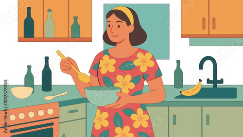 Woman baking cake in colorful kitchen with flowers and utensils
