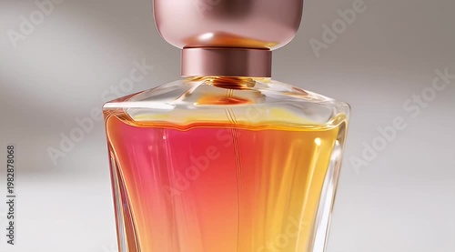 Vibrant perfume bottle with pink, orange, and yellow gradient liquid, topped by an elegant rose gold cap, evoking modern luxury and captivating allure