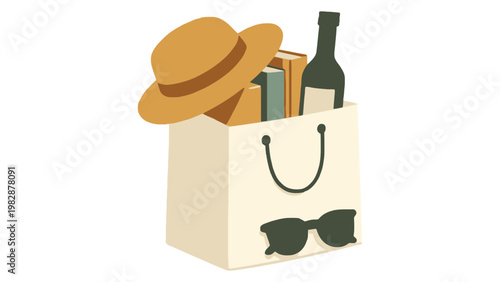 Shopping bag vector icon with hat, wine, books and sunglasses
