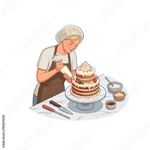 Woman decorating a multi-layered cake with frosting and berries on a table indoors.