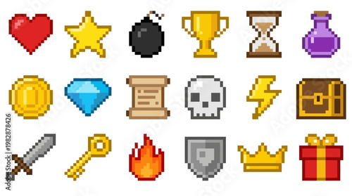 Collection of various pixelated gaming icons and symbols.