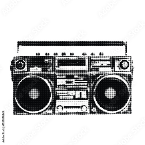 Retro 80s Boombox Halftone Dots Illustration Vintage Music Player Old School Radio Cassette Recorder Audio Device Ghetto Blaster Black And White Graphic Design