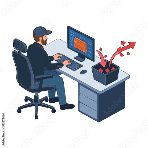 Man sitting at a desk working on computer with stress