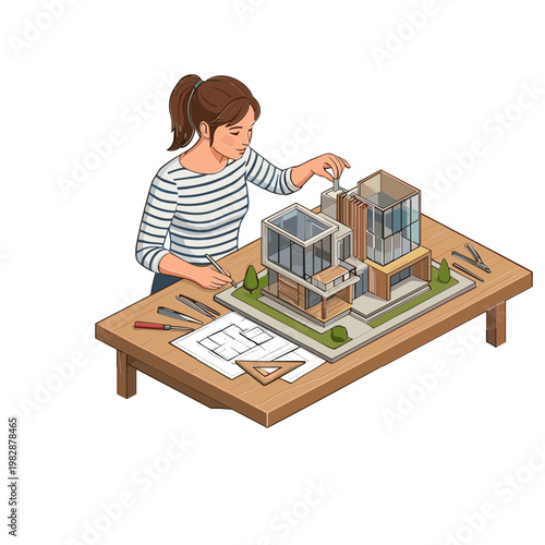 A woman builds architectural models on a wooden table with tools and blueprints.