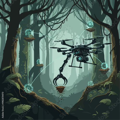 A specialized AI drone robot with sensors and a grappling arm is navigating a complex, dense jungle canopy, mapping the terrain and collecting soil samples. Digital data points connect to trees.