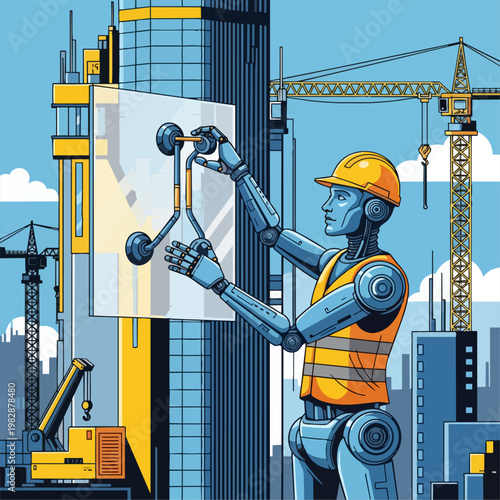 A humanoid AI robot, wearing a safety vest and helmet, is precisely placing large glass panels onto the structure of a futuristic skyscraper, using its strong arms and suction cups.