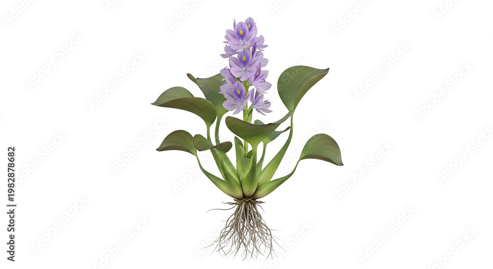 Obraz premium A single water hyacinth plant with purple flowers and visible roots is isolated on a.