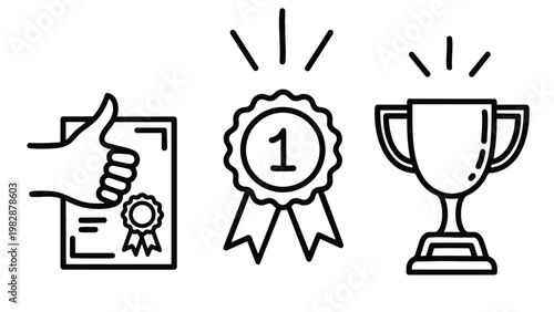 Award icon set including trophy, ribbon, and certificate illustration