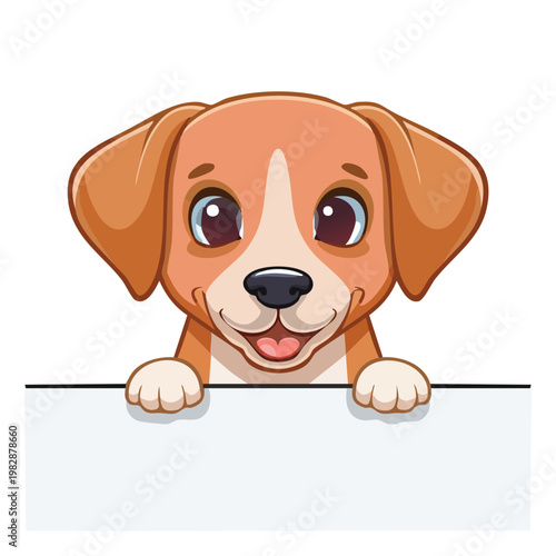 Cartoon puppy dog holding blank sign isolated on white background