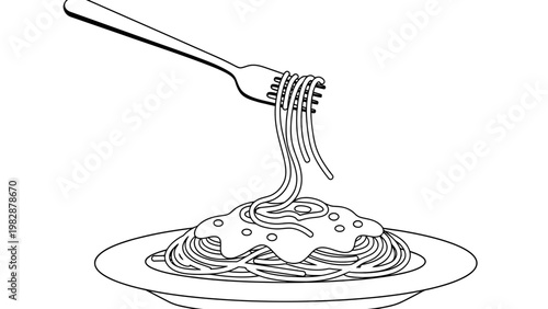 Spaghetti vector illustration with fork on plate in minimalist style