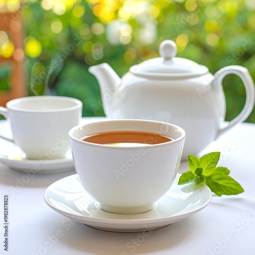 A serene tea setup on a white table with a teapot and cup