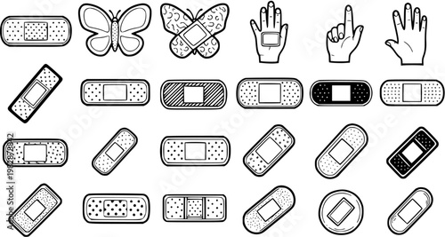 Medical First Aid Bandage Outline Icons Set with Hands and Butterflies, Black and White Line Art Style