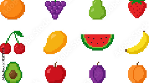 A colorful pixel art fruit icons collection.