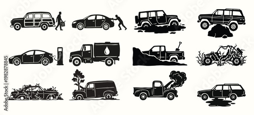 Roadside assistance and car breakdown silhouette icons for automotive insurance and repair services