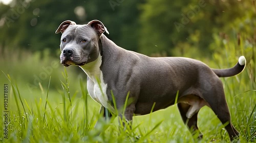 Majestic Blue Pitbull Standing Proudly in a Lush Green Field with Tall Grass