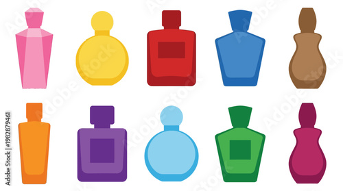 Colorful perfume bottles in various shapes.