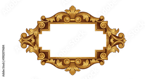 An ornate oval golden frame features a multi-tiered stepped inner border and elaborate acanthus leaf carvings set against a clean white background wall.