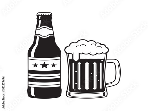Vintage style beer illustration a bottle and mug with foamy head