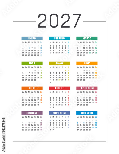 Calendario 2027 colorido en español sobre fondo blanco, vacaciones de España, plantilla vectorial vertical