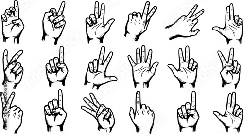 Black and White Line Art of Hand Gestures for Counting and Numbers