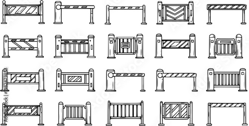 Black and White Line Art Collection of Various Road Barriers and Gates