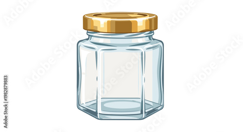 A pristine clear hexagonal glass jar topped with a polished gold metallic lid stands prominently against a clean and stark white background for storage.