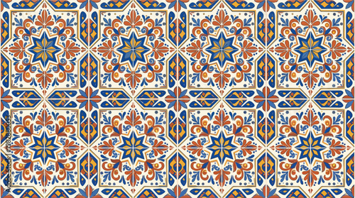 Seamless ceramic tile pattern featuring intricate geometric star shapes with vibrant orange and deep blue floral Mediterranean art style ornaments