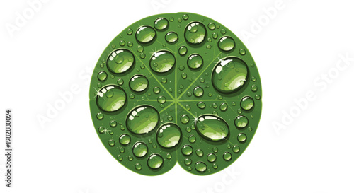 A perfectly circular green leaf is covered in numerous glistening transparent water droplets that reflect light with tiny sparkling glints in nature.