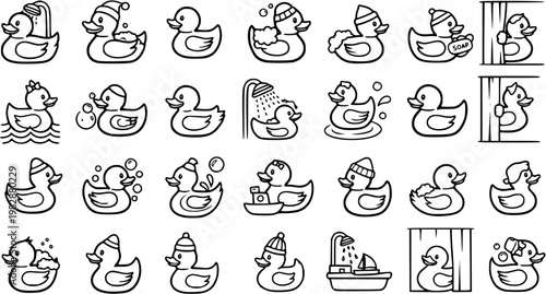 Cute Black and White Line Art Collection of Rubber Ducks for Bath Time Fun