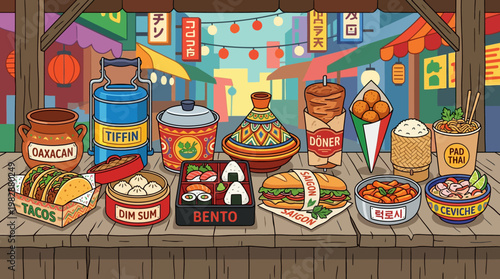 A vibrant collection of international street food dishes includes tacos, sushi bento, dumplings, doner kebab, banh mi, and spicy noodles.
