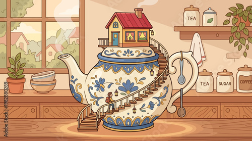 A tiny traveler climbs a spiral staircase leading to a miniature home sitting atop a beautiful ornate floral porcelain teapot