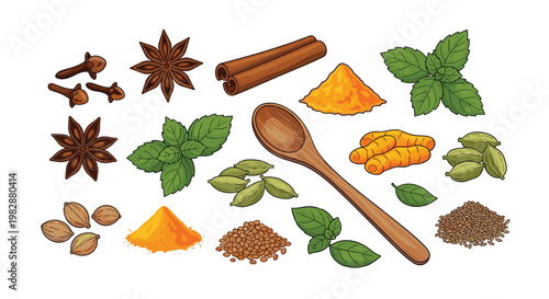 A diverse collection of culinary spices including star anise and cinnamon sticks rests alongside fresh mint leaves and a rustic wooden mixing spoon set.