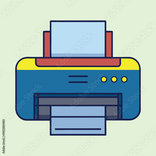 Colorful cartoon inkjet printer on light green background, flat design style