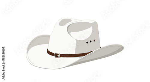 This classic white western cowboy hat showcases a tall indented crown and a wide curved brim accented by a brown leather buckled strap on a white background.