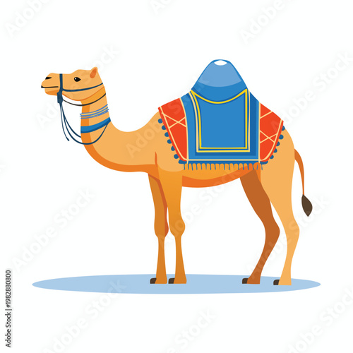 Cartoon camel illustration with colorful saddle and harness isolated on white
