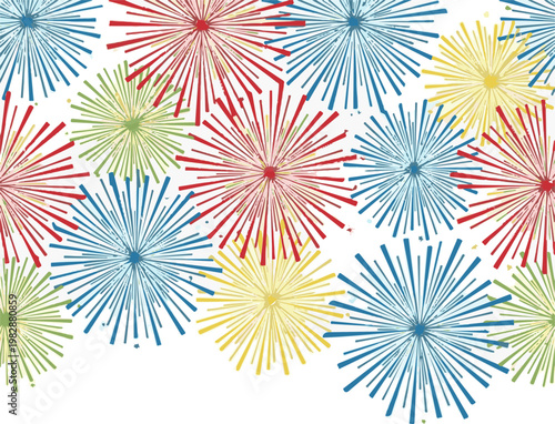Colorful fireworks pattern featuring multiple bright starburst shapes arranged together to create a festive and celebratory visual design concept