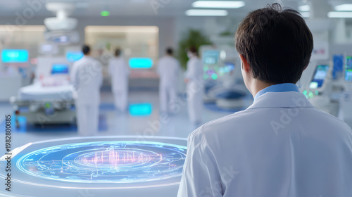 Healthcare professional observes advanced technology in futuristic hospital environment, showcasing innovation and modern medical practices