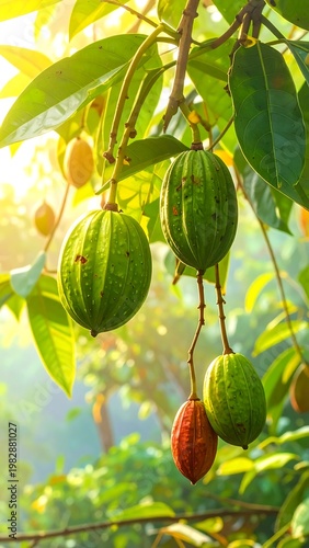 A serene tropical scene featuring a close-up of green and red cacao pods hanging from a tree branch surrounded by lush leaves