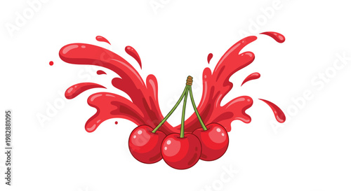 Three bright red cherries attached to green stems sit before a dynamic splash of vibrant crimson juice erupting against a clean white background scene.