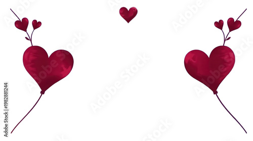 PNG Red heart balloons with smaller hearts on strings isolated on transparent background