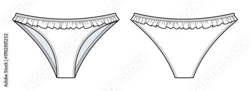 High Cut Ruffle Bikini Bottom Technical Drawing, Frill Waist Swimwear Vector Template, Women’s Minimal Bikini CAD Flat, Front View And back view