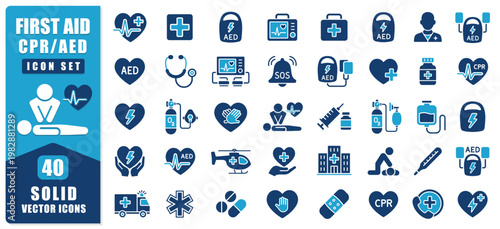 First Aid CPR AED Solid Vector Icon Set Featuring Medical Emergency, Rescue And Healthcare Symbols. Perfect For Apps, Websites And Safety Materials. Clean Modern Design 