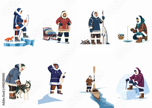Vector illustrations of indigenous Arctic people engaged in traditional activities like ice fishing, hunting, kayaking, and building an igloo on a white background.