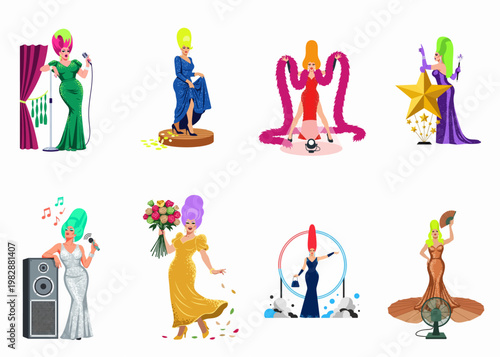 Set of Eight Glamorous Drag Queen Characters in Colorful Gowns and Wigs Performing and Posing on Stage, Vector Illustration Isolated on White