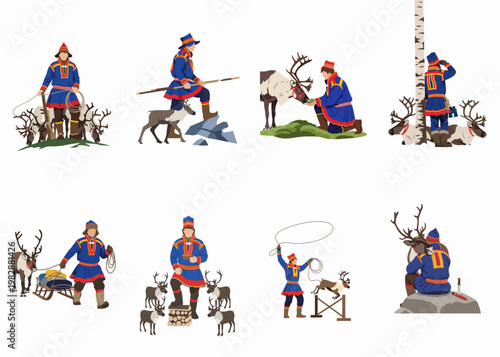 Set of traditional Sami people illustrations herding, feeding, and caring for reindeer in the Arctic region, featuring traditional Gakti clothing.