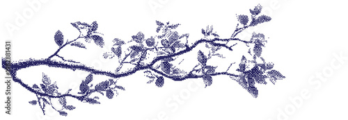 Vector art of blue halftone illustration of a tree branch with leaves