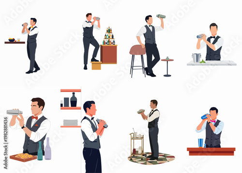 Set of professional male bartender characters in formal attire using cocktail shakers to mix drinks, isolated on white background.