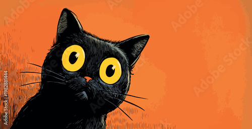 Curious Black Cat with Yellow Eyes on Orange Background